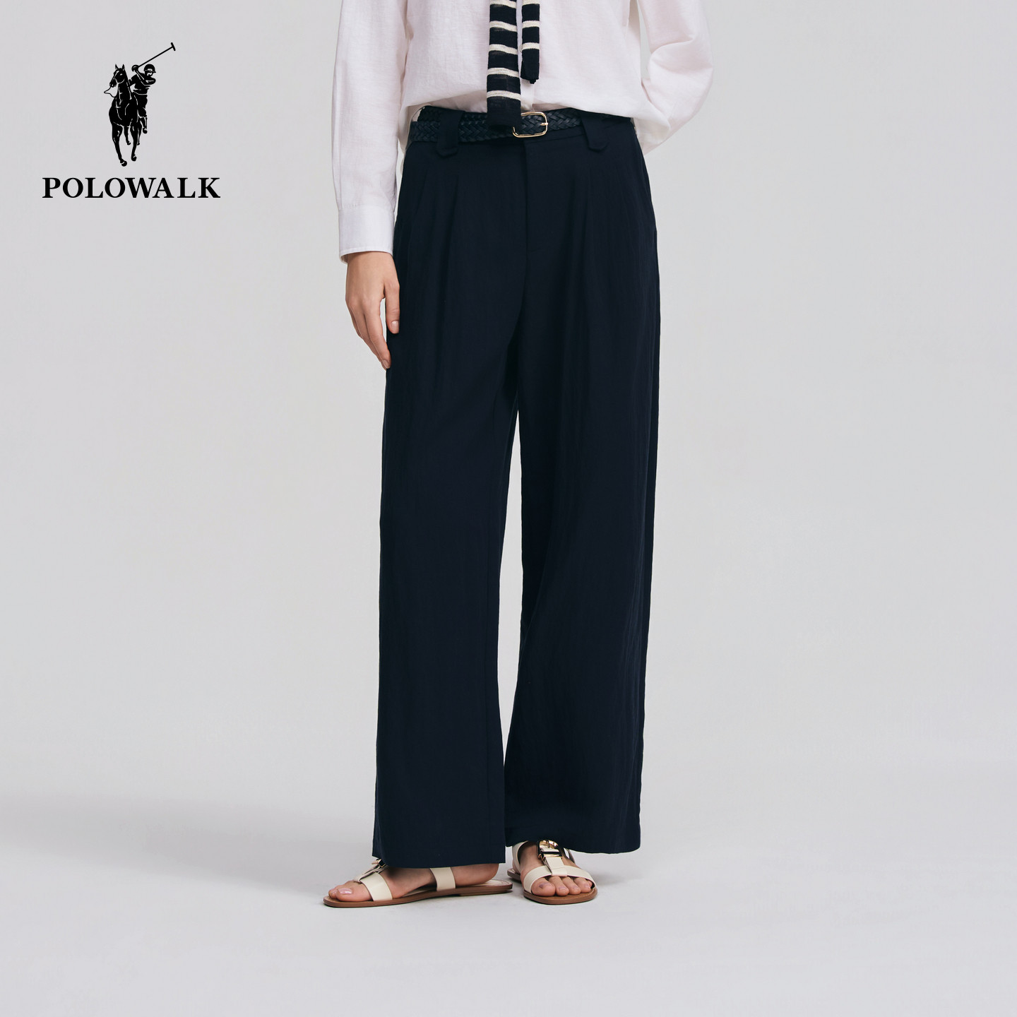 POLOWALK女式休闲裤2026春季新品亚麻混纺编织腰带直筒休