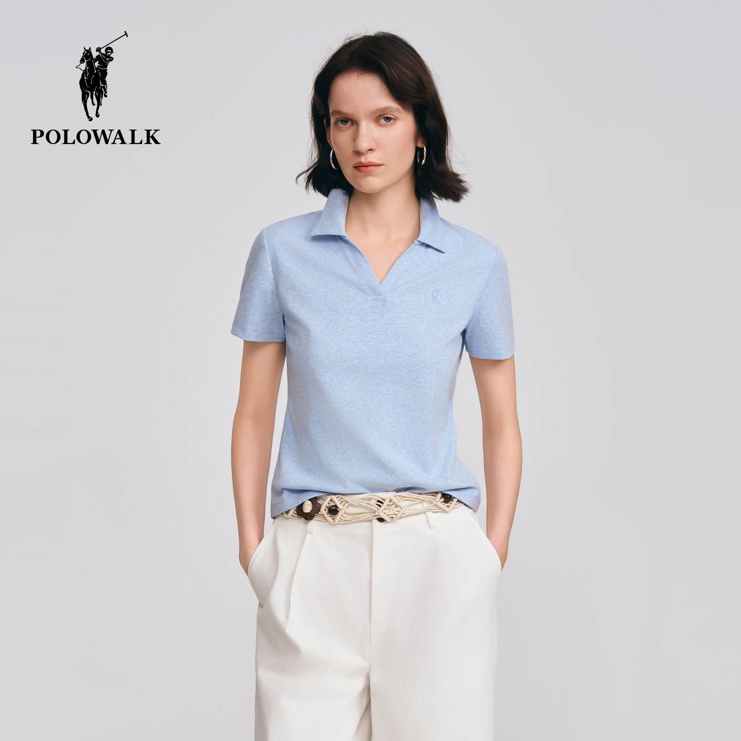 POLOWALK女式短袖2026春季新品简约纯色剪刀领显瘦短袖通勤POLO衫