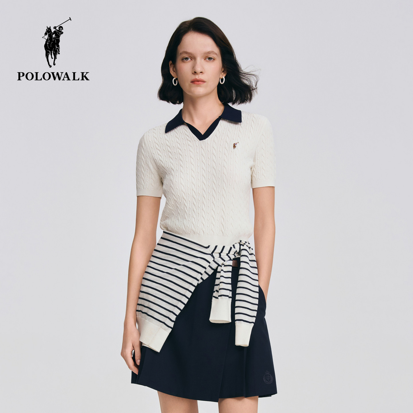 POLOWALK女式短袖针织衫2026春季新品撞色翻领绞花修身V领针织衫