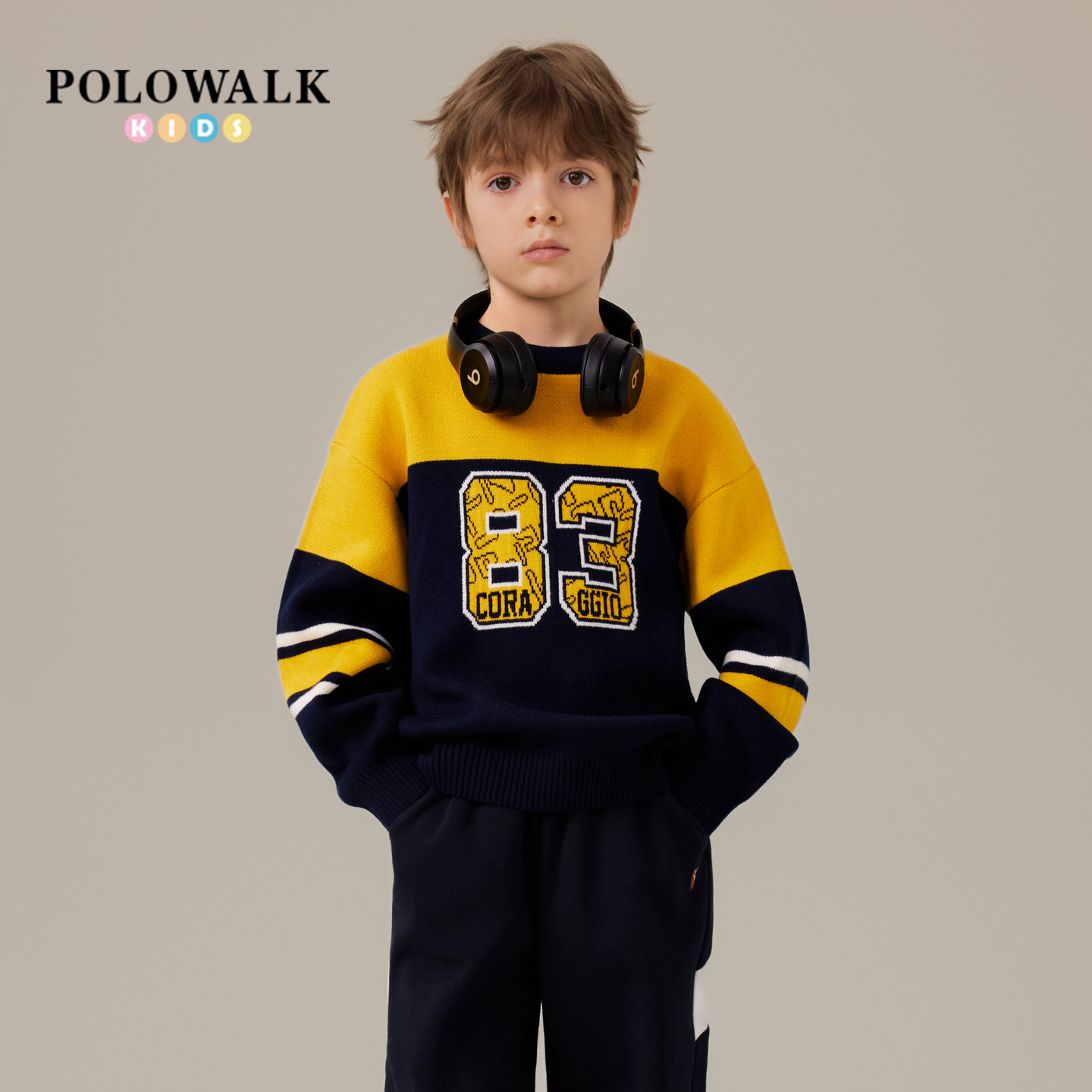 POLOWALK童装男童针织衫2025秋冬新品撞色圆领毛衣男童针织开衫