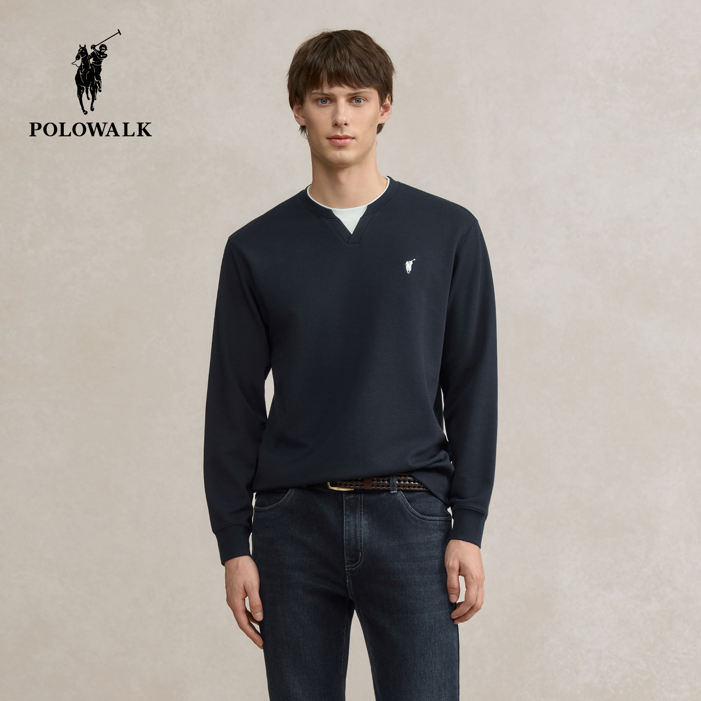 POLOWALK男式长袖T恤2025秋季新品潮流双层撞色领套头男装上衣