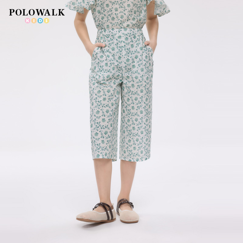 POLOWALK童装2026夏季新品女童七分裤碎花全棉阔腿裤百搭休闲下装