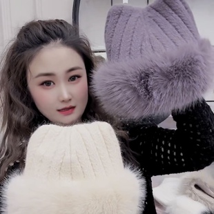 帽子女冬季2025新款网红风双角蒙古帽防风保暖护耳御寒针织套头帽