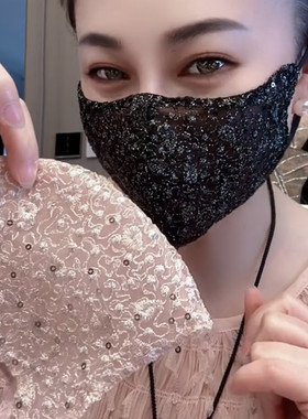 秋夏3D花纹亮片刺绣网纱防晒弹力口罩时尚半透明面罩国风刺绣花