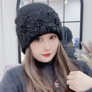 秋冬新款高颜值时尚保暖立体蕾丝大繁花针织帽复古包头帽显脸小女