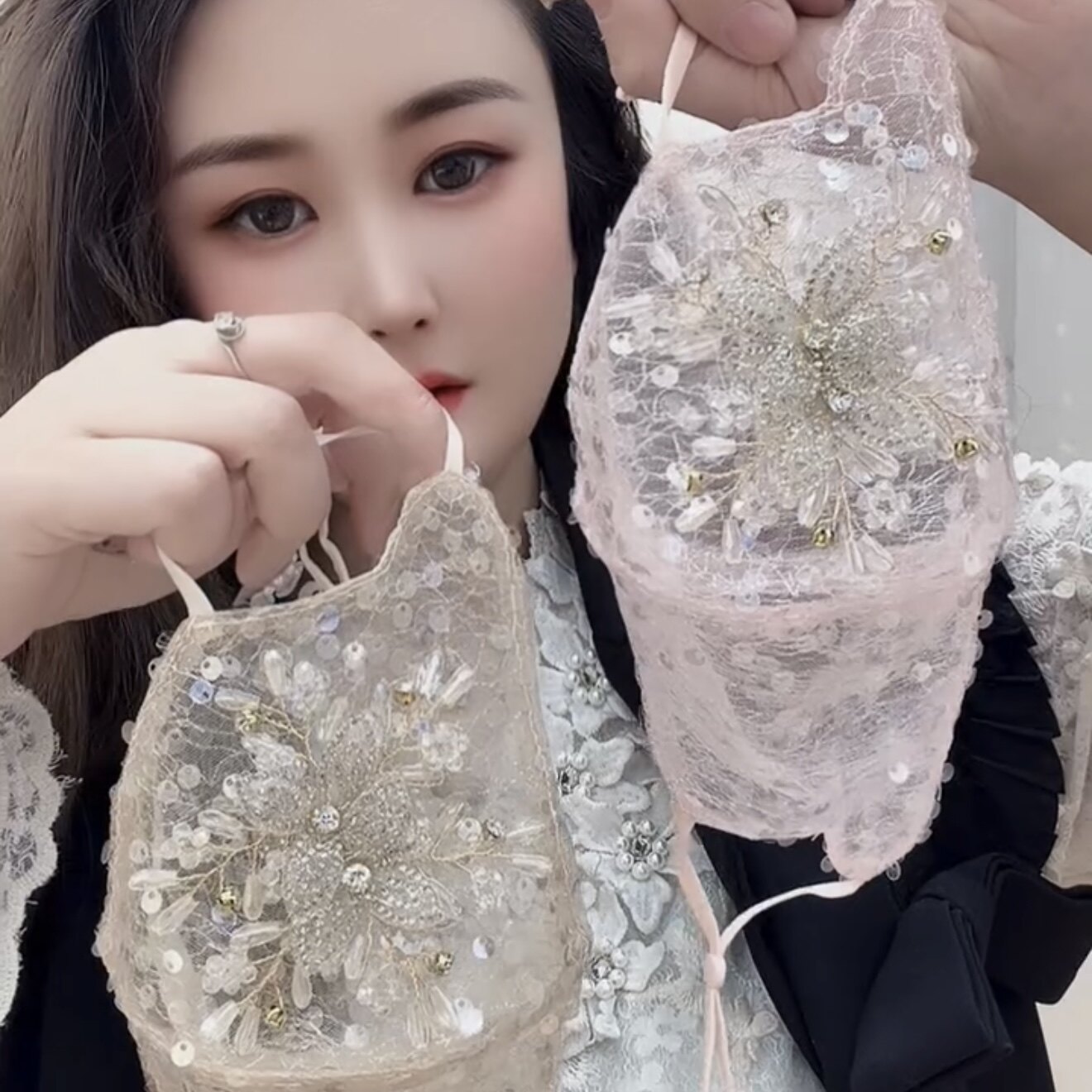 春夏新款时尚仙女亮片立体双生花网纱口罩高颜值温柔防晒出门户外