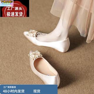 2025春夏季新款内增高法式小跟绝美单鞋女尖头浅口水钻平底晚晚鞋