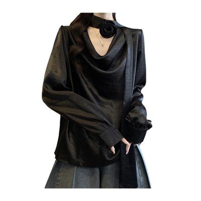 大码女装高级感醋酸缎面荡领长袖衬衫女胖MM立体玫瑰挂脖飘带上衣