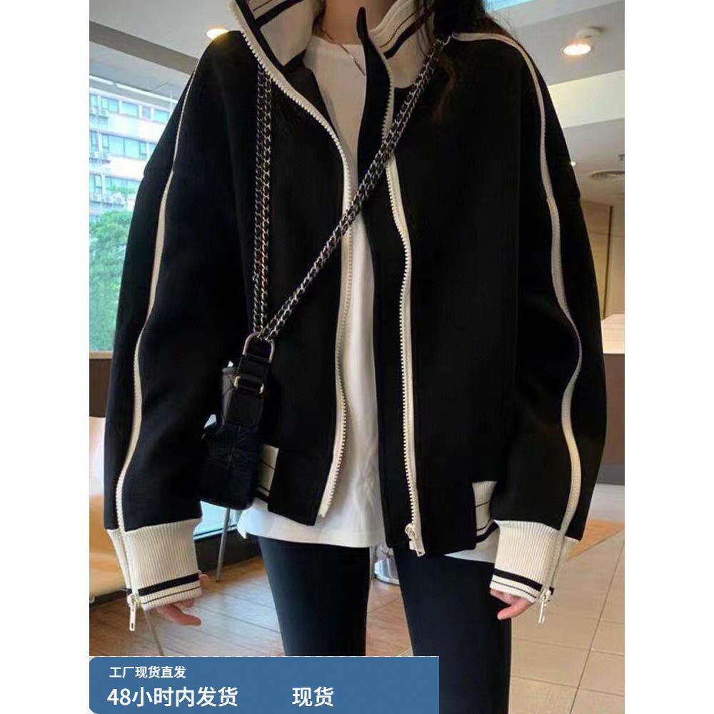 美国高街覆古黑色棒球制服女子2024新天鹅绒加厚拉炼运动夹克冬季