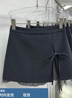 爱可可icoco格纹拼接西装半身裙女2025年秋季高腰开叉a字包臀短裙