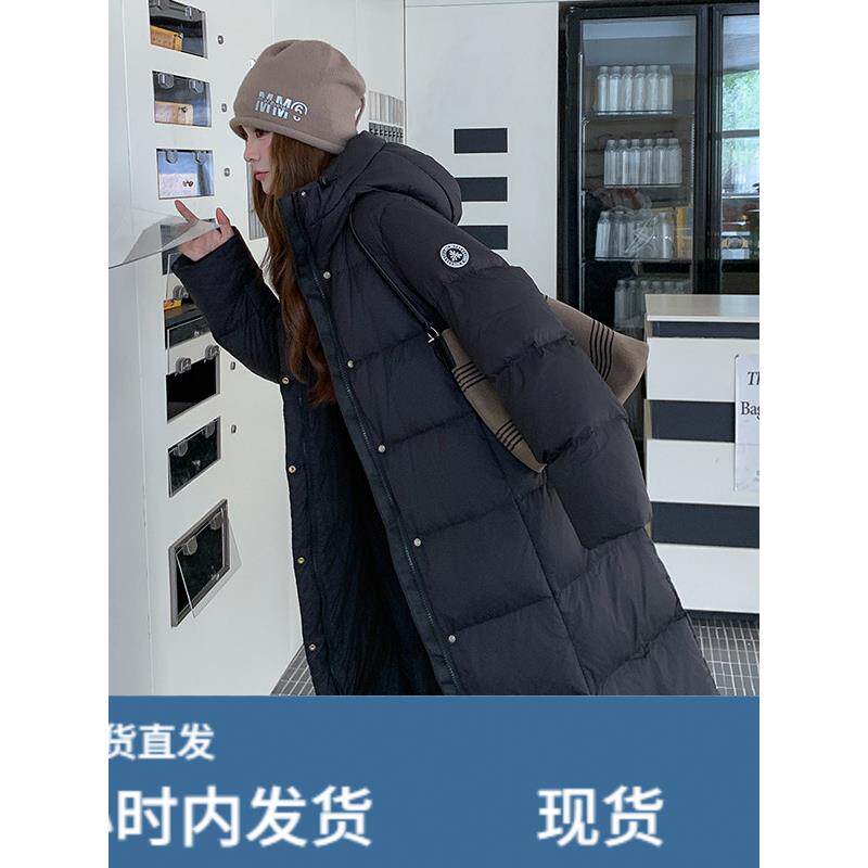 黑色羽绒服女冬季中长款2025年新款韩版宽松显瘦连帽90白鸭绒外套