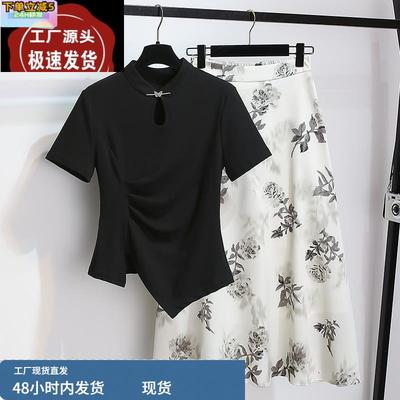 新中式国风元素黑色盘扣上衣碎花缎面半身裙女2025夏季新款套装裙