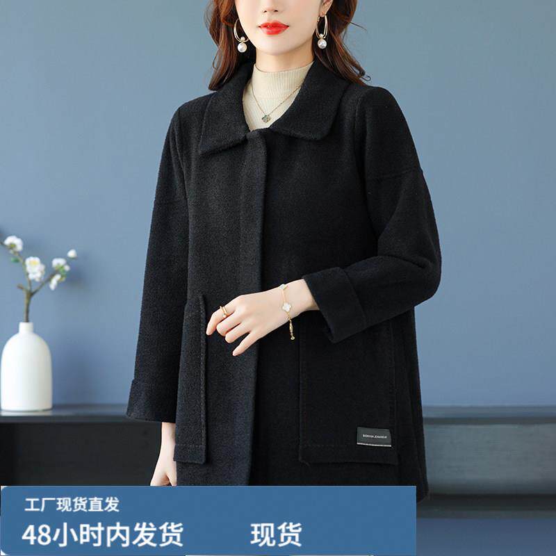 秋冬妈妈双麵戎外套修身显瘦中长款洋气新款女大衣羊戎加肥加大码