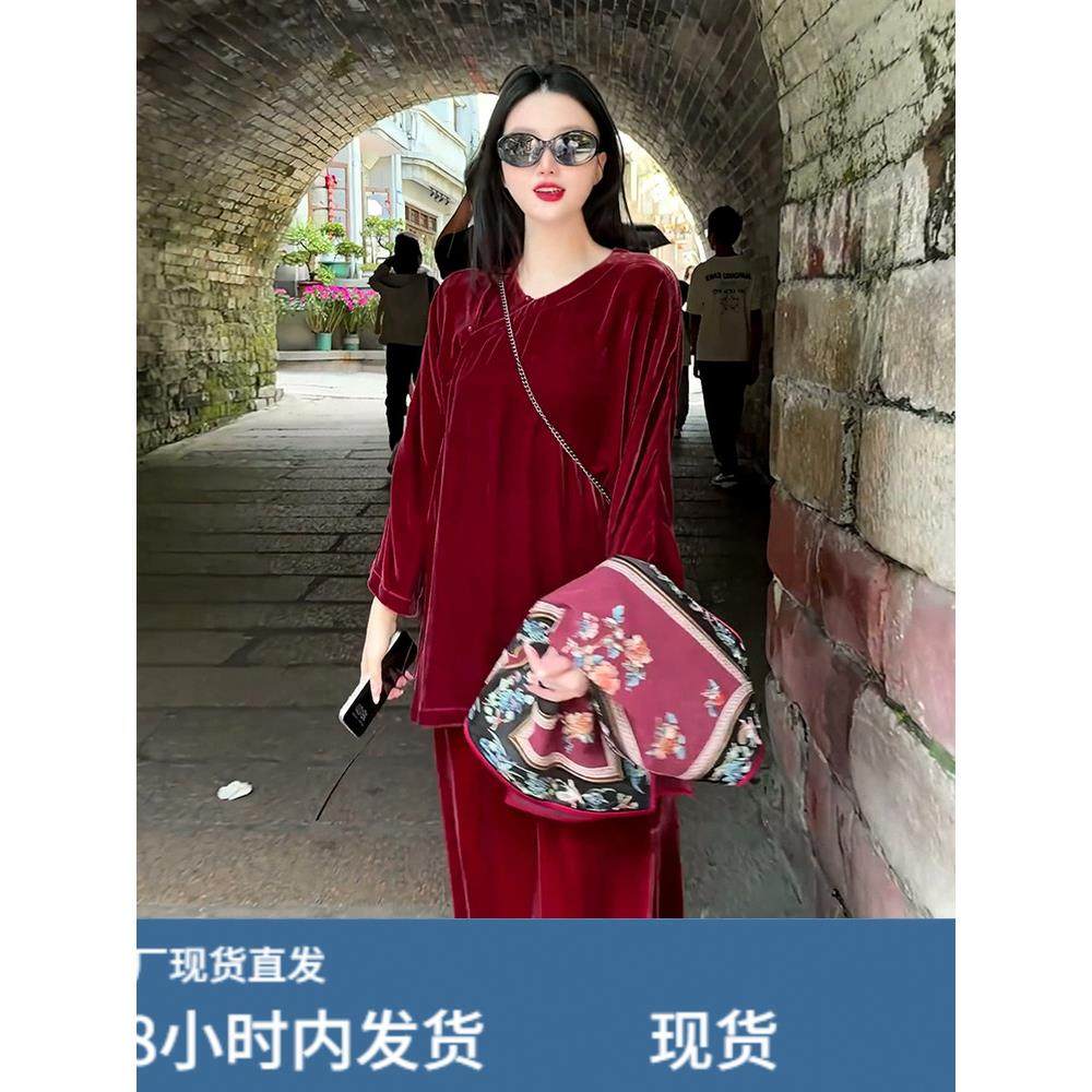 新中式国风设计斜襟红色T恤上衣女高腰半身裙套装2025秋季新款潮,童装/婴儿装/亲子装,套装,淘宝优惠券,粉丝福利购,淘宝优惠卷