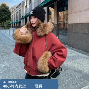 安可拉红真毛领派克羽绒服女短款2025冬季高级感气质显瘦保暖外套