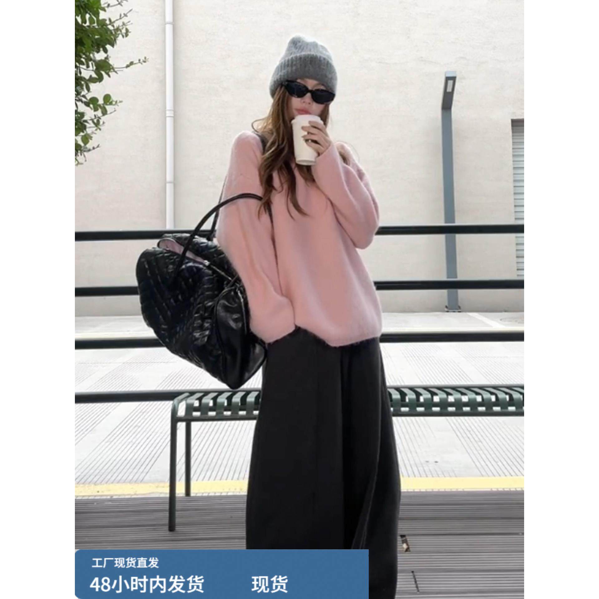 粉色圆领套头毛衣女秋冬高级感内搭可外穿宽松慵懒风针织内搭上衣,女装/女士精品,毛衣,淘宝优惠券,粉丝福利购,淘宝优惠卷