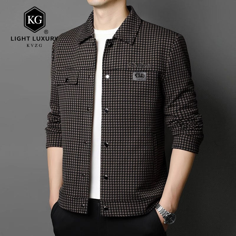 翻领夹克男2025春季新款韩版千鸟格茄克衫商务休闲潮流男装外套
