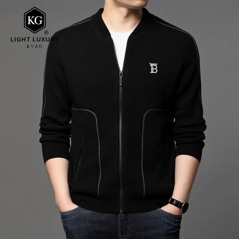 2025春季新款时尚轻奢男士拉链针织开衫中年纯色棒球领毛衣外套
