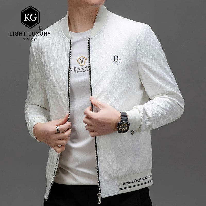 2025春季新款时尚轻奢休闲百搭薄款棒球领夹克男士外套白色韩版