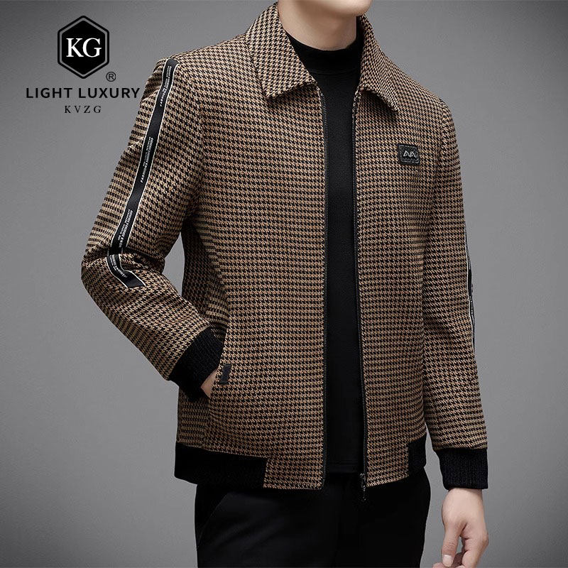 2025春季新款时尚轻奢夹克外套男士休闲百搭大衣烫钻格子翻领上衣