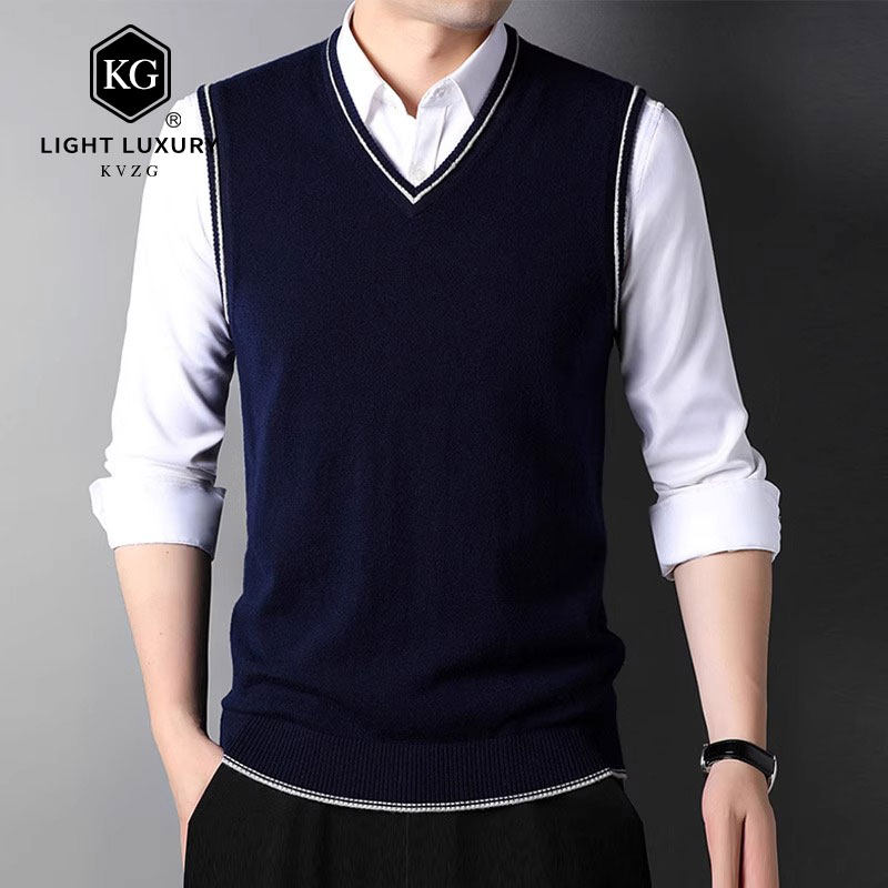 2025春季新款时尚轻奢学院风马甲男V领套头背心无袖坎肩针织衫