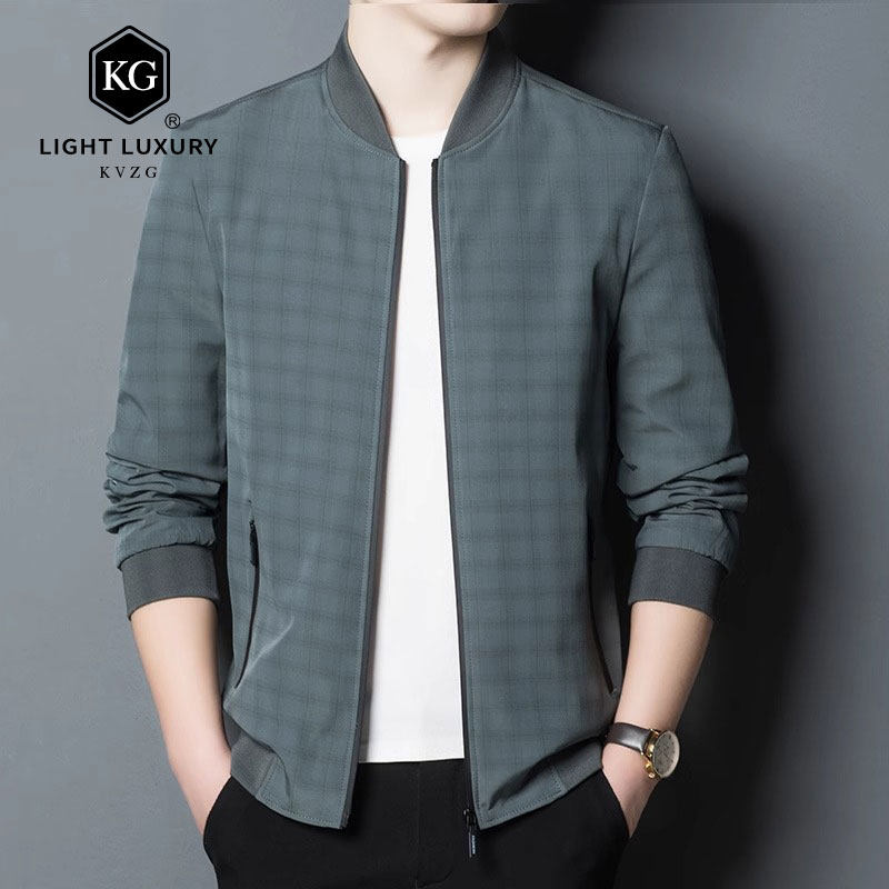 男士夹克外套2025春秋季薄款棒球服休闲无领外衣潮流格子中年男装