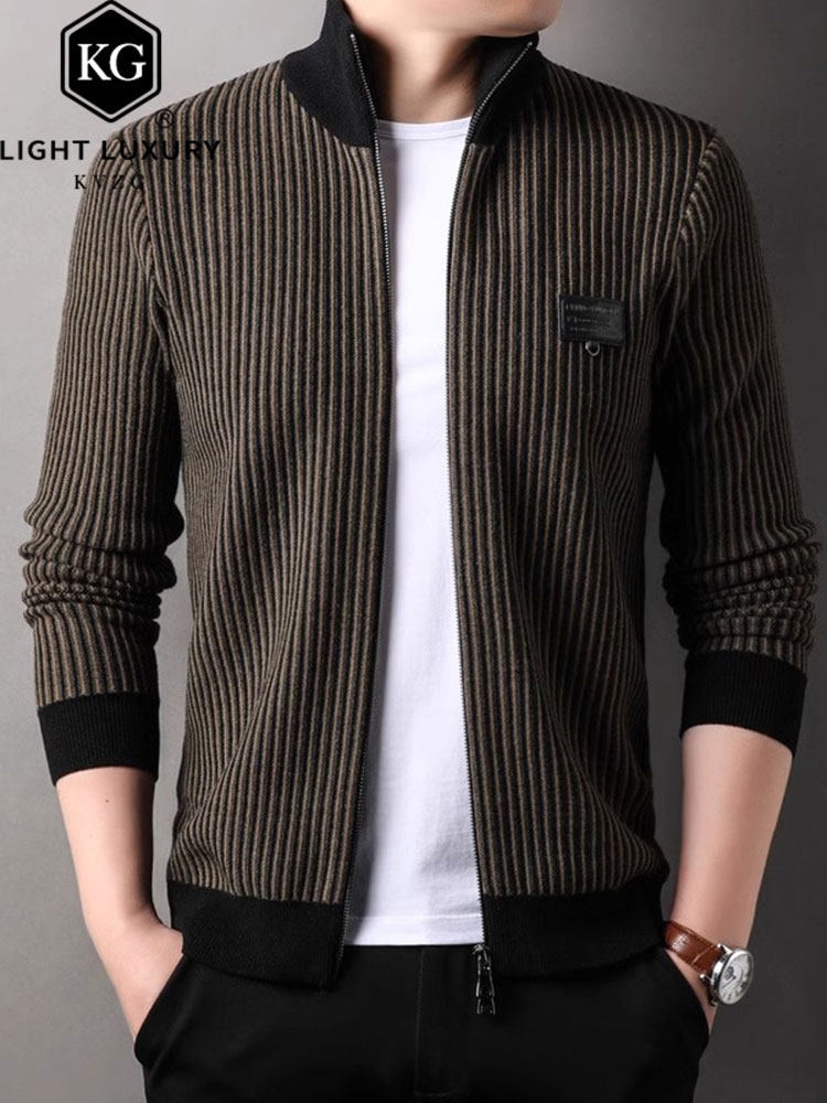 针织开衫毛衣男士春季新款轻奢条纹立领夹克外套时尚休闲男装上衣