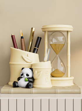 创意熊猫沙漏摆件高级感桌面收纳笔筒学生办公室高颜值教师节礼物
