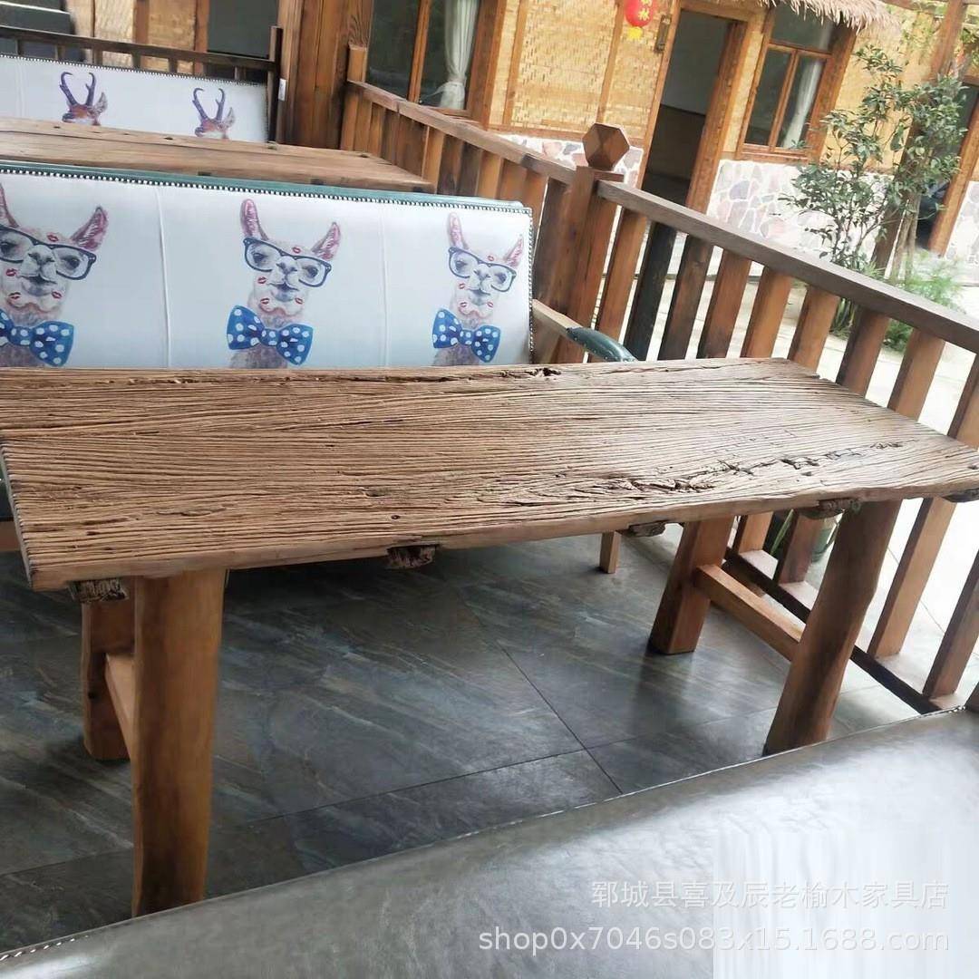 老榆木泡茶茶桌全套仿古做旧老门板茶桌办公室全实木台面茶桌茶台