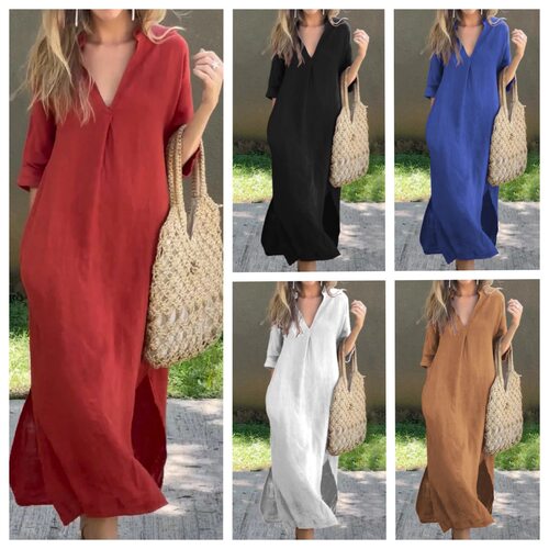 Side slit V-neck 7-inch sleeve dress两侧开衩V领7分袖连衣裙