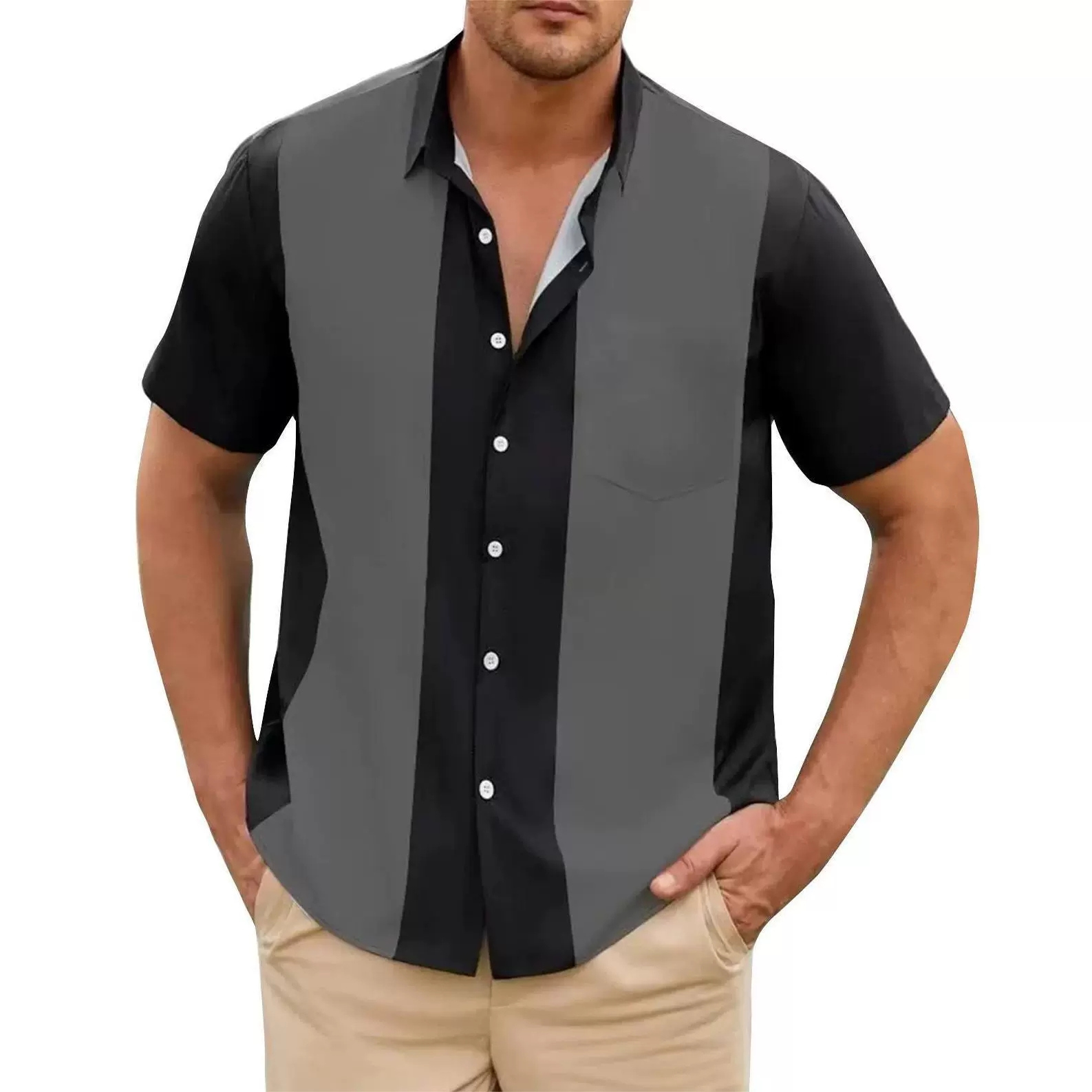 Men's collar loose striped shirt    男士翻领宽松条纹短袖衬衫