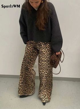 Leopard print low waisted wide leg pants豹纹低腰纯棉阔腿休女