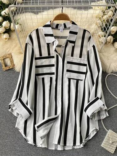 Medium to long vertical striped shirt jacket中长款竖条纹衬衫