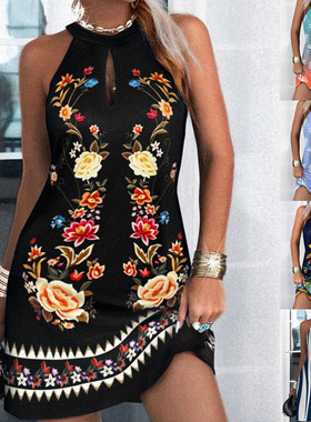 Sleeveless hanging neck printed dress无袖挂脖印花连衣裙