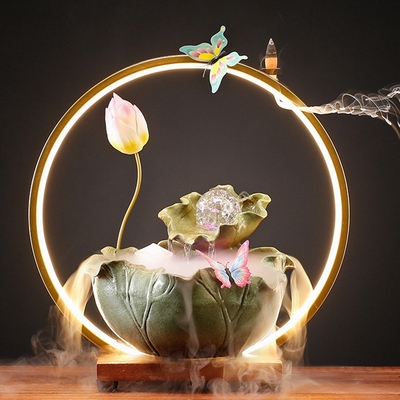 中式入户玄关荷花风水珠流水摆件