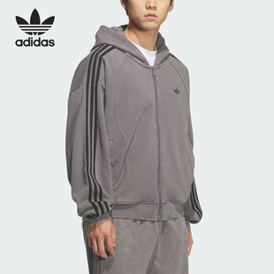 Adidas 阿迪达斯26夏三叶草男女连帽休闲毛圈布条纹外套KQ5525