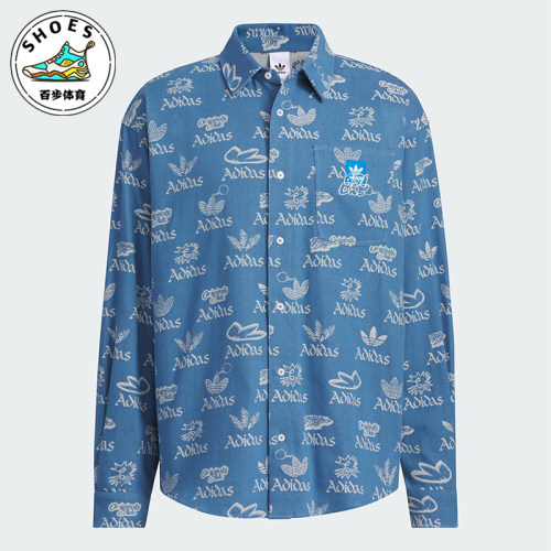 Adidas/阿迪达斯正品三叶草男士宽松翻领满印经典时尚衬衫JN1662