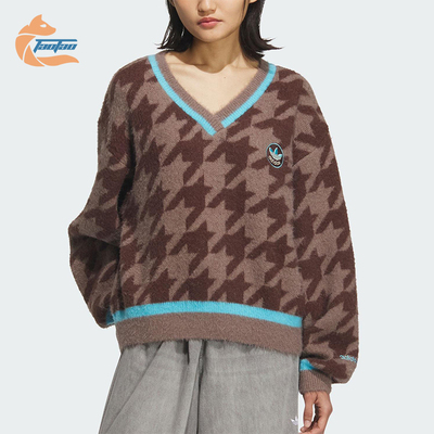 Adidas/阿迪达斯正品三叶草女士日常V领复古针织休闲套头衫KC2688