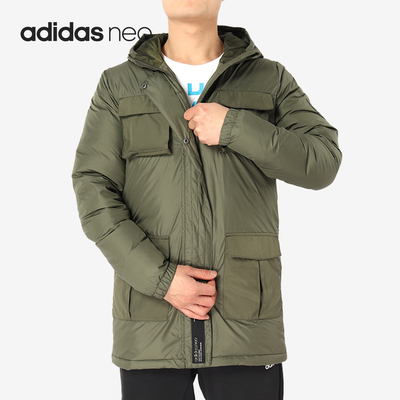 Adidas/阿迪达斯正品NEO男子中长款休闲保暖连帽羽绒服DU2391