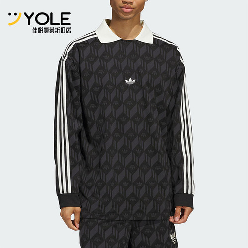 Adidas/阿迪达斯正品三叶草男女同款印花复古翻领长袖T恤JD5196