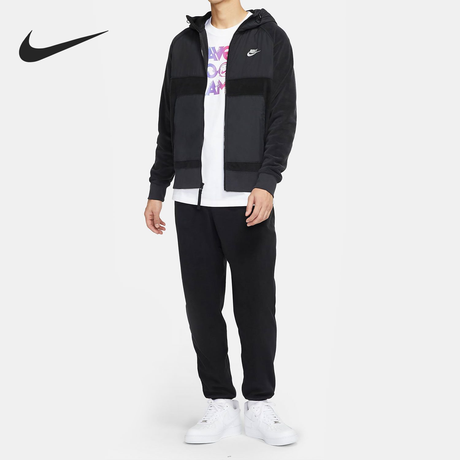 Nike/耐克正品新款男子拉链抓绒拼接运动休闲保暖连帽外套DJ4139