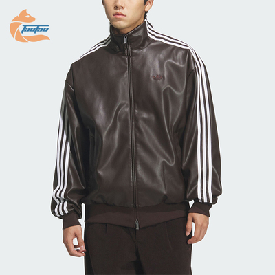 Adidas/阿迪达斯正品三叶草男女立领休闲条纹复古仿皮夹克KQ5473