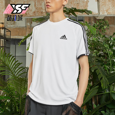 Adidas/阿迪达斯正品夏季男士透气条纹经典圆领运动休闲T恤KU3920