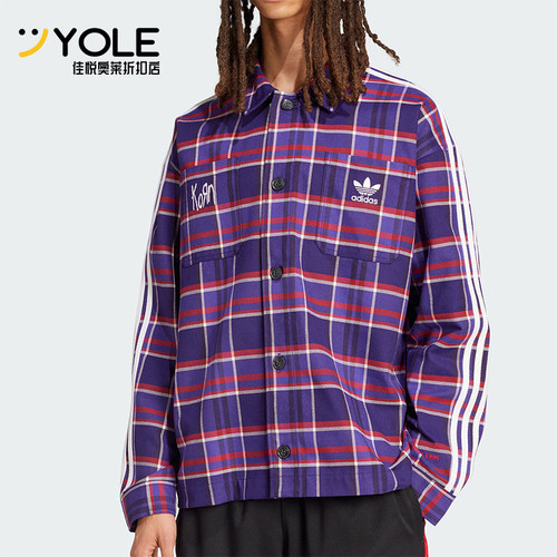 阿迪达斯男士格纹翻领长袖衬衫