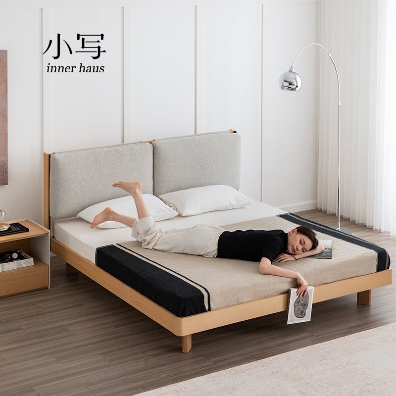 日式原木风可拆卸软包实木床