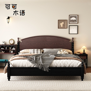 中古风全实木床法式复古双人床主卧床婚床小耳床红橡木1米8床卧室