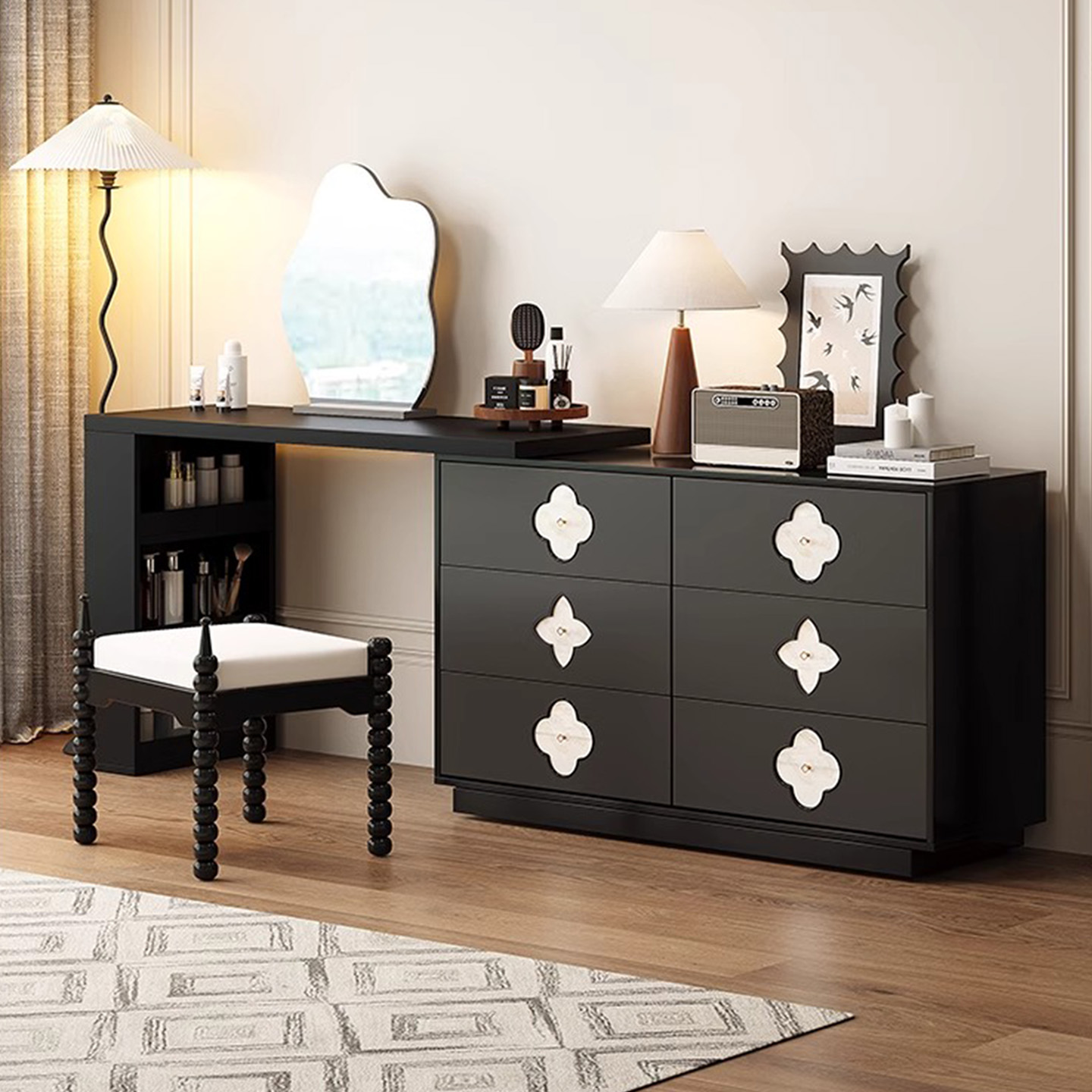 复古法式四叶草梳妆台收纳柜一体斗柜伸缩卧室新款实木贝壳化妆桌