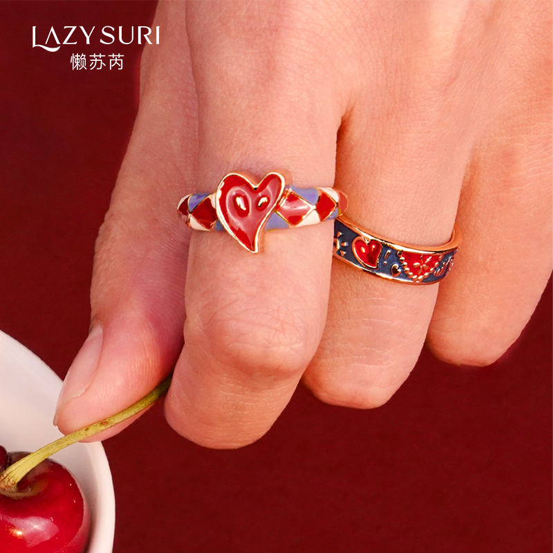 LAZYSURI珐琅彩爱心戒指女开口戒