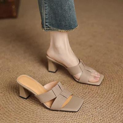 真皮半拖鞋女夏季外穿2025新款方头法式绝美配裙子粗跟高跟半拖鞋