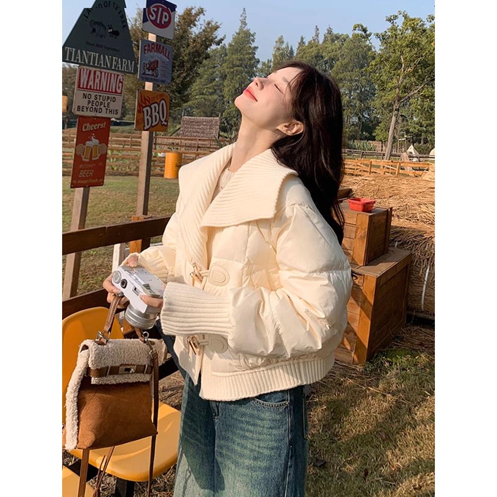 白色短款羽绒棉服女冬季大码宽松时尚针织大翻领棉衣拼接棉袄外套